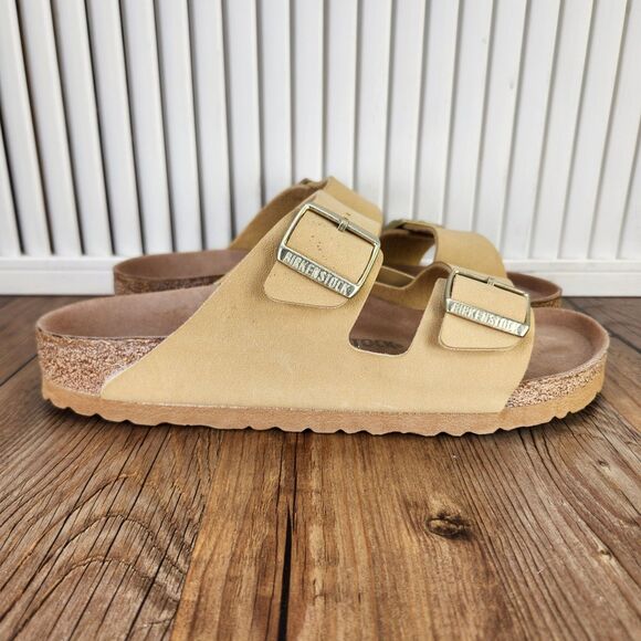 Birkenstock Arizona Vegan Latte Cream Birkibuc Womens Size 10 Boho Slide Sandals - Picture 1 of 9